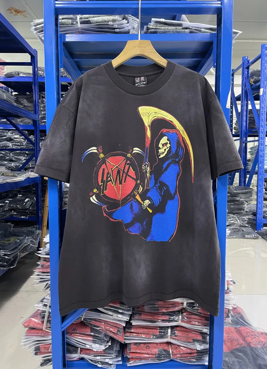 Spot ST414 style washed gray P146 Saint Michael 25SS "HIRTH AND DEATH" evil life and death spell washed old T-shirt size S-M-L-XL